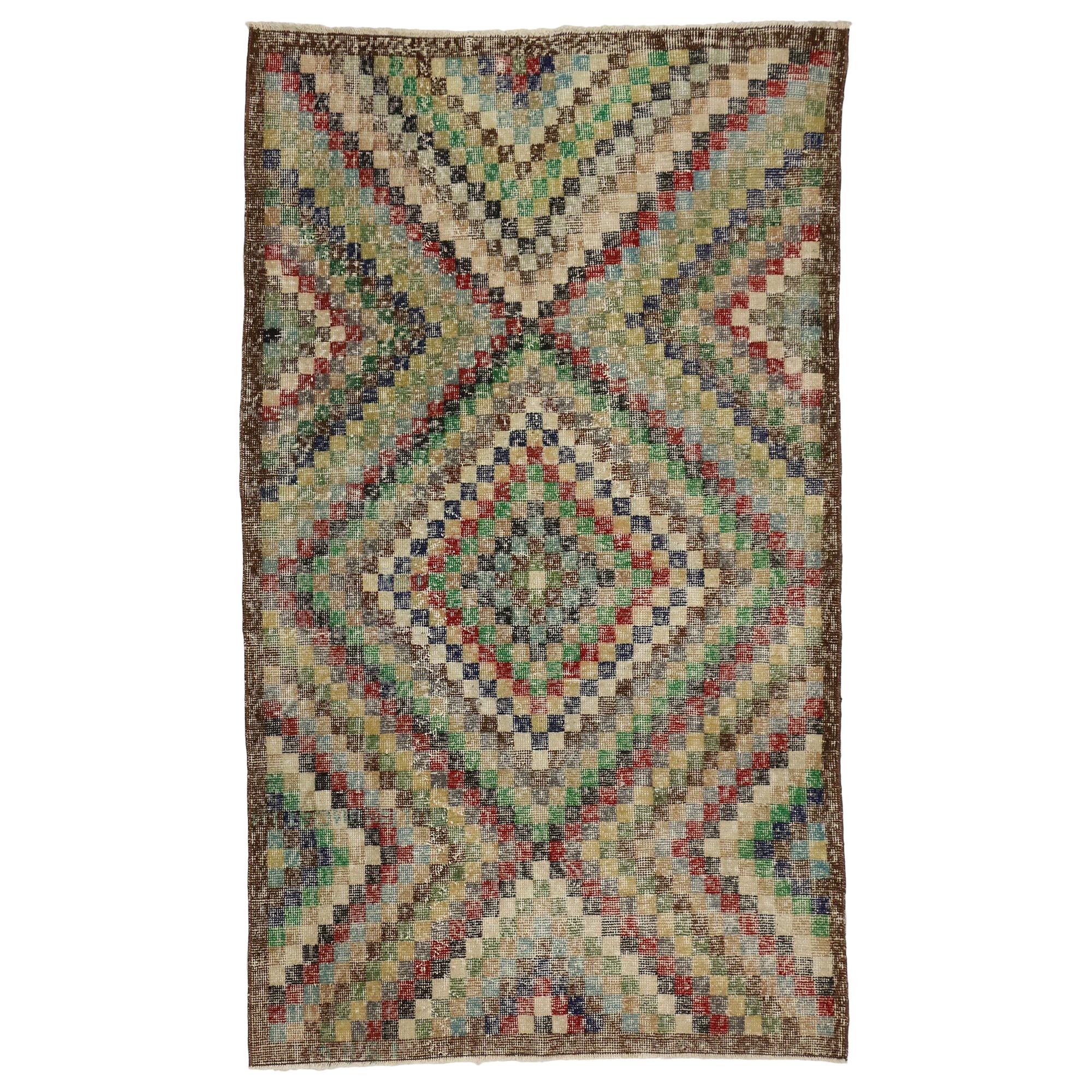 Distressed Sivas Rug with Modern Industrial Art Deco Style, Checkered Rug For Sale