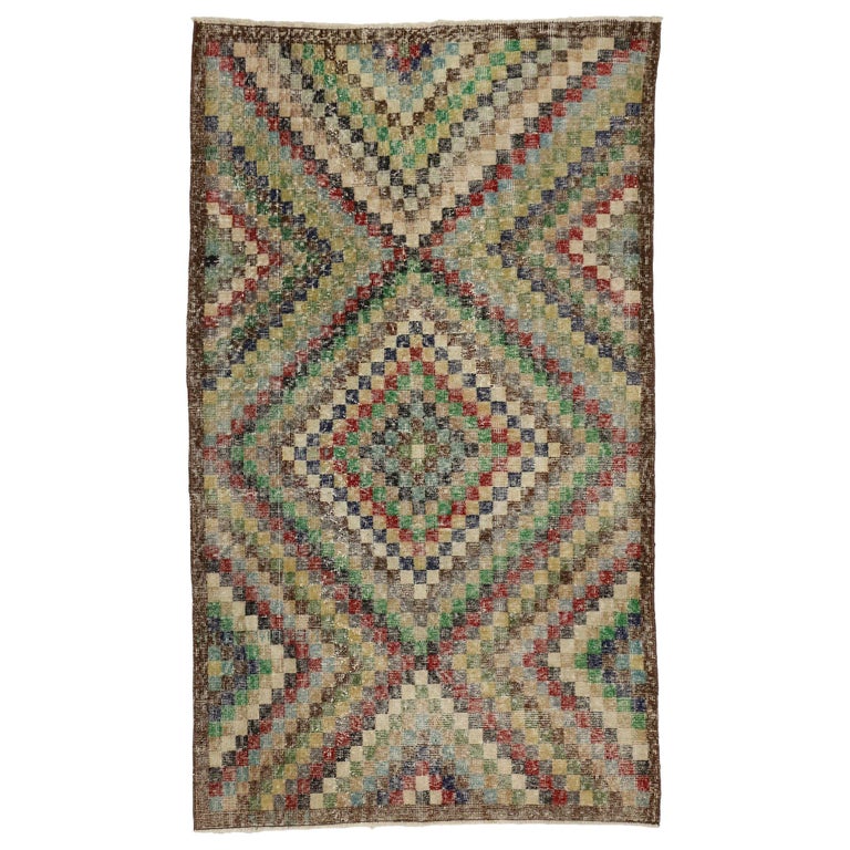Distressed Sivas Rug with Modern Industrial Art Deco Style, Checkered ...