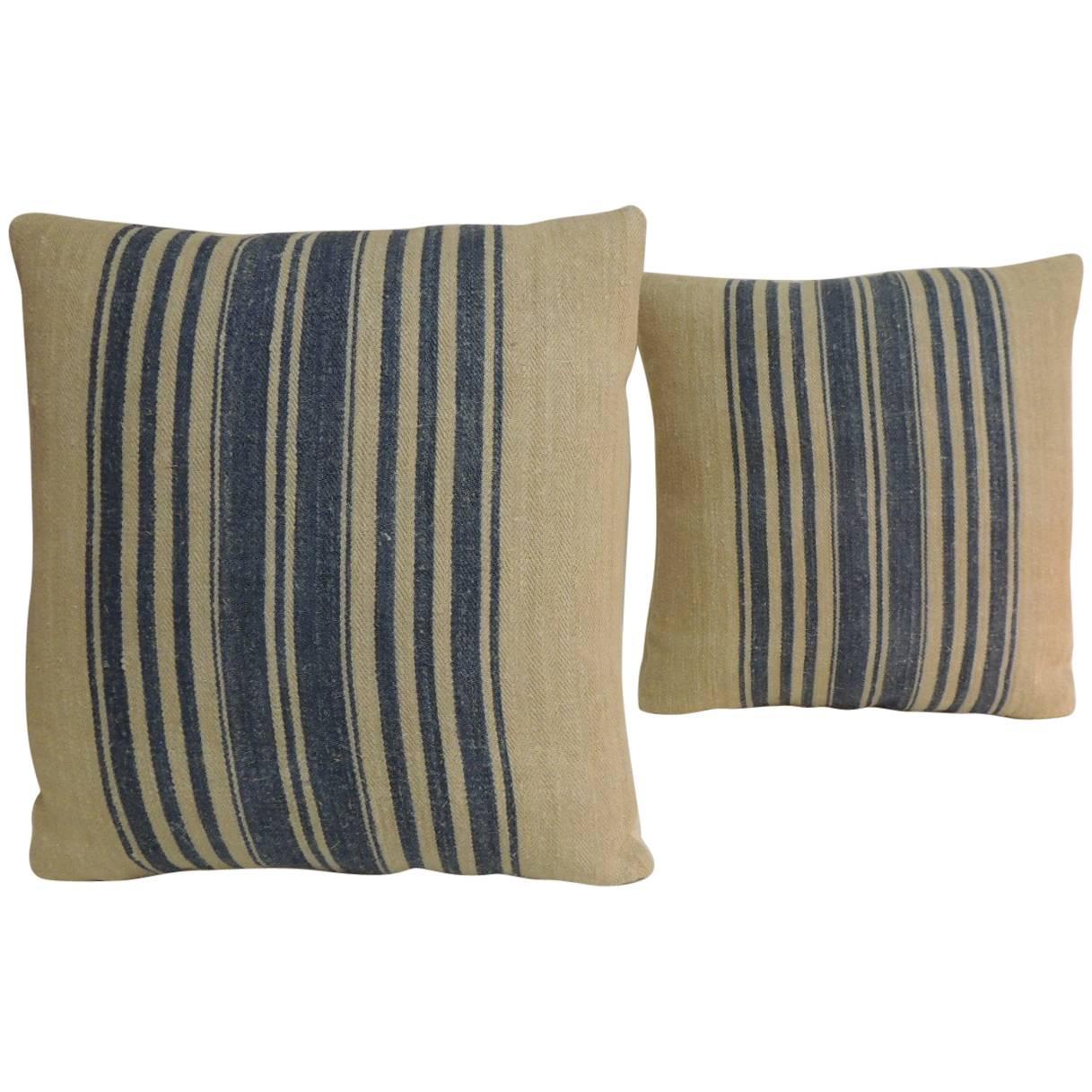 Pair of French Blue and Natural Grain Sack Stripes Decorative Pillows