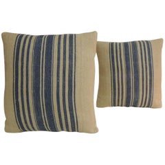 Pair of French Blue and Natural Grain Sack Stripes Decorative Pillows