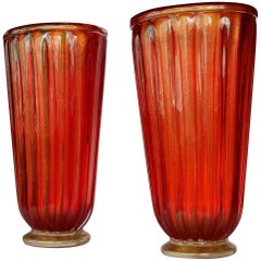 1970' Pair of Cristal Murano Urns Red and Gold Sign Toso