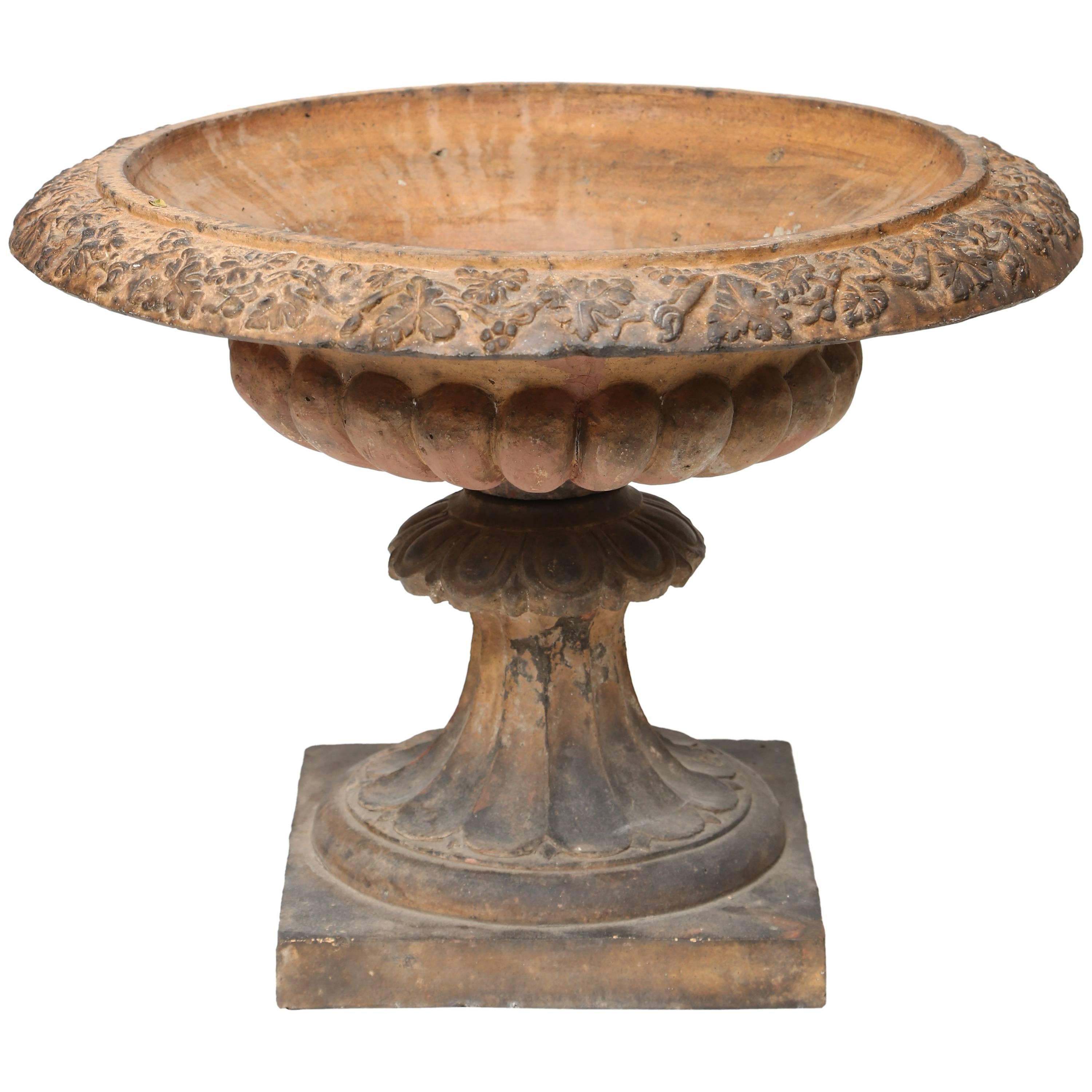Wide Mouthed Terracotta Garden Urn on Stand-England, Nineteenth Century For Sale