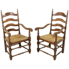 Pair of Louis Philippe Style French Oak Ladder Back Armchairs with Rush Seats