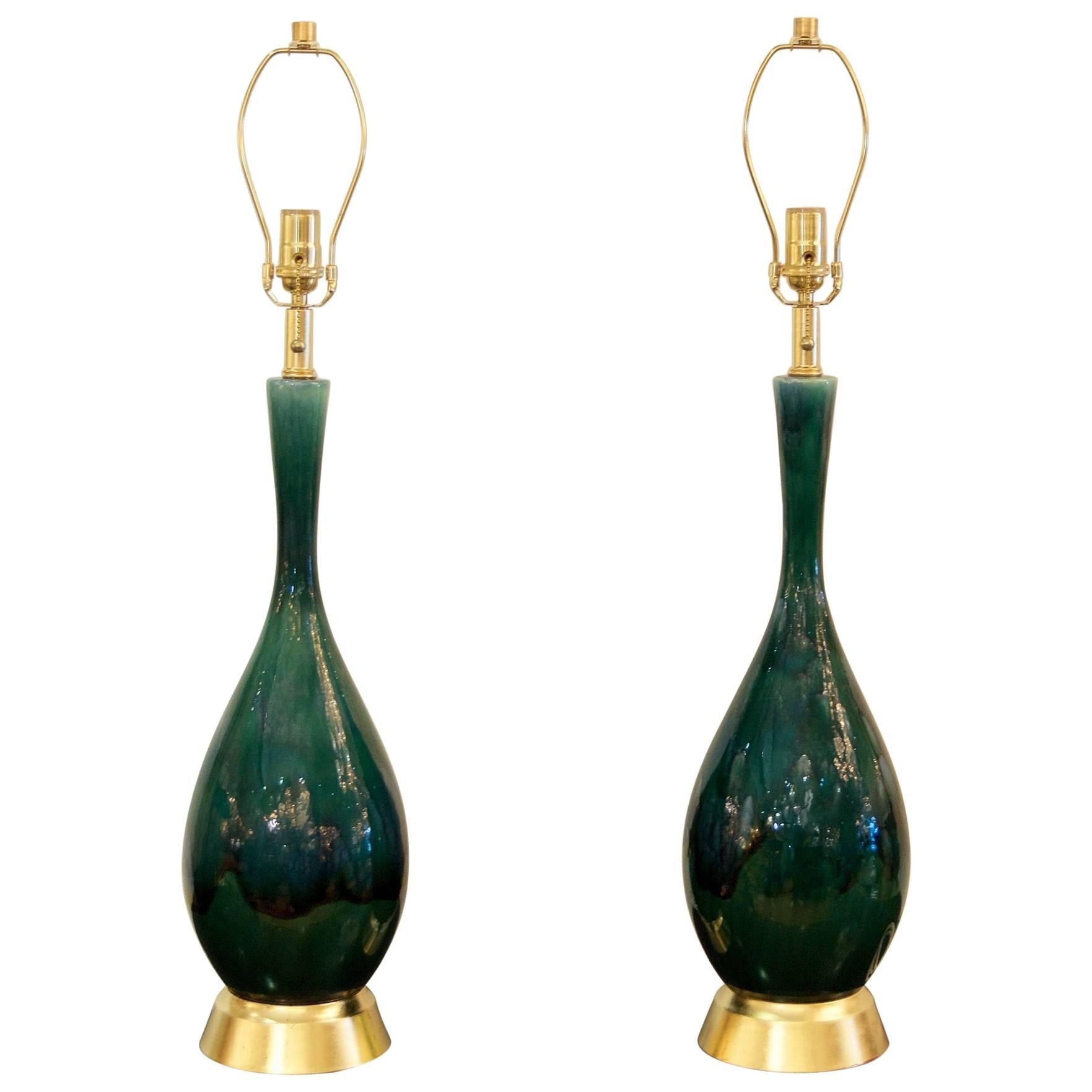 Pair of Blue-Green Drip Glaze and Gilt Royal Haeger Attributed Lamps For Sale