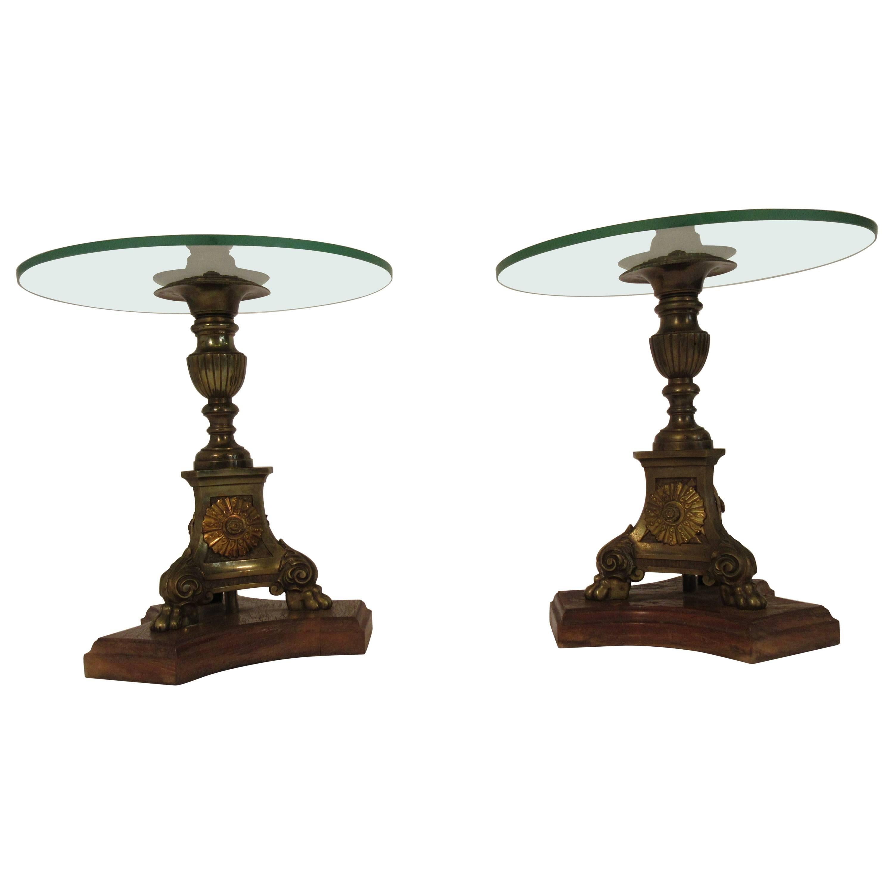 Pair of 19th Century Brass Church Candlestick Side Tables with Glass Tops