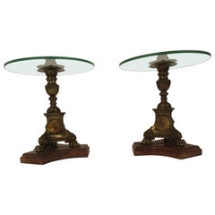 Antique Pair of 19th Century Brass Church Candlestick Side Tables with Glass Tops