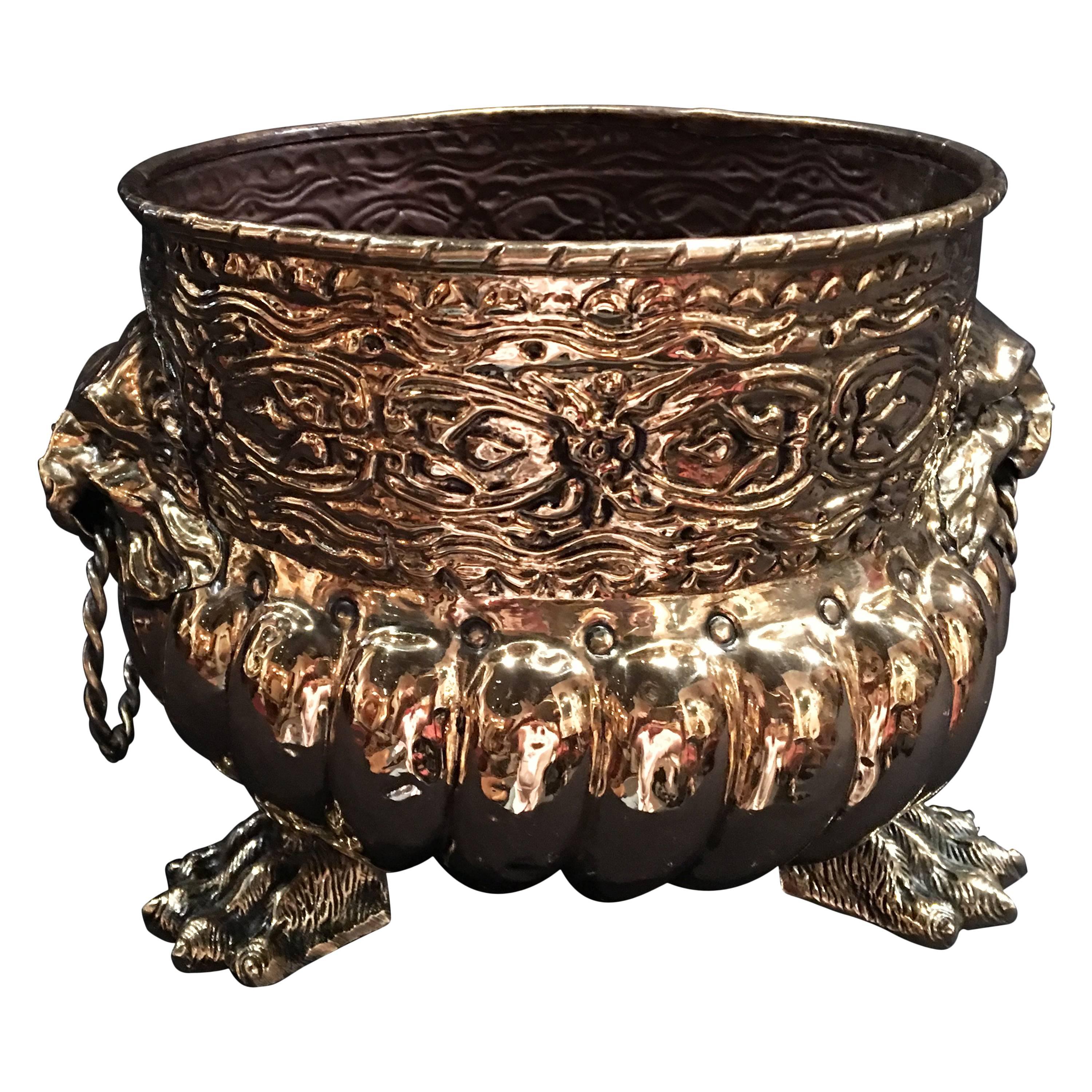 French Polished Brass Round Jardinière or Planter, 19th Century