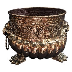 Vintage French Polished Brass Round Jardinière or Planter, 19th Century