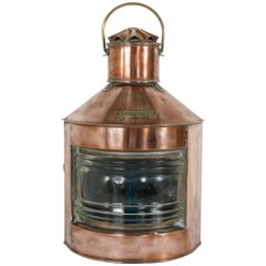 Large Dutch Copper Starboard Nautical Lantern with Brass Label and Original Lamp