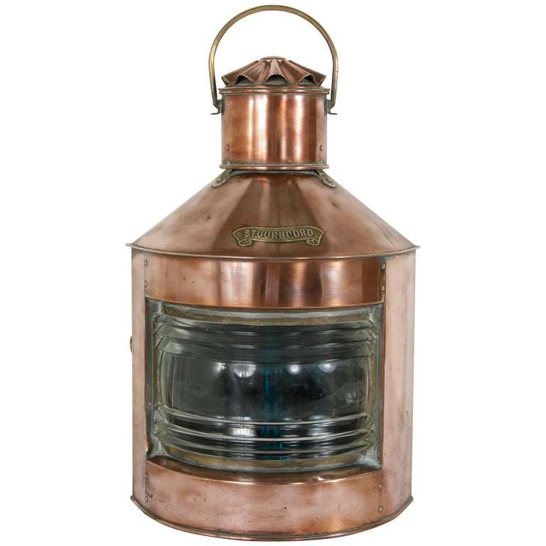 Large Dutch Copper Starboard Nautical Lantern with Brass Label and