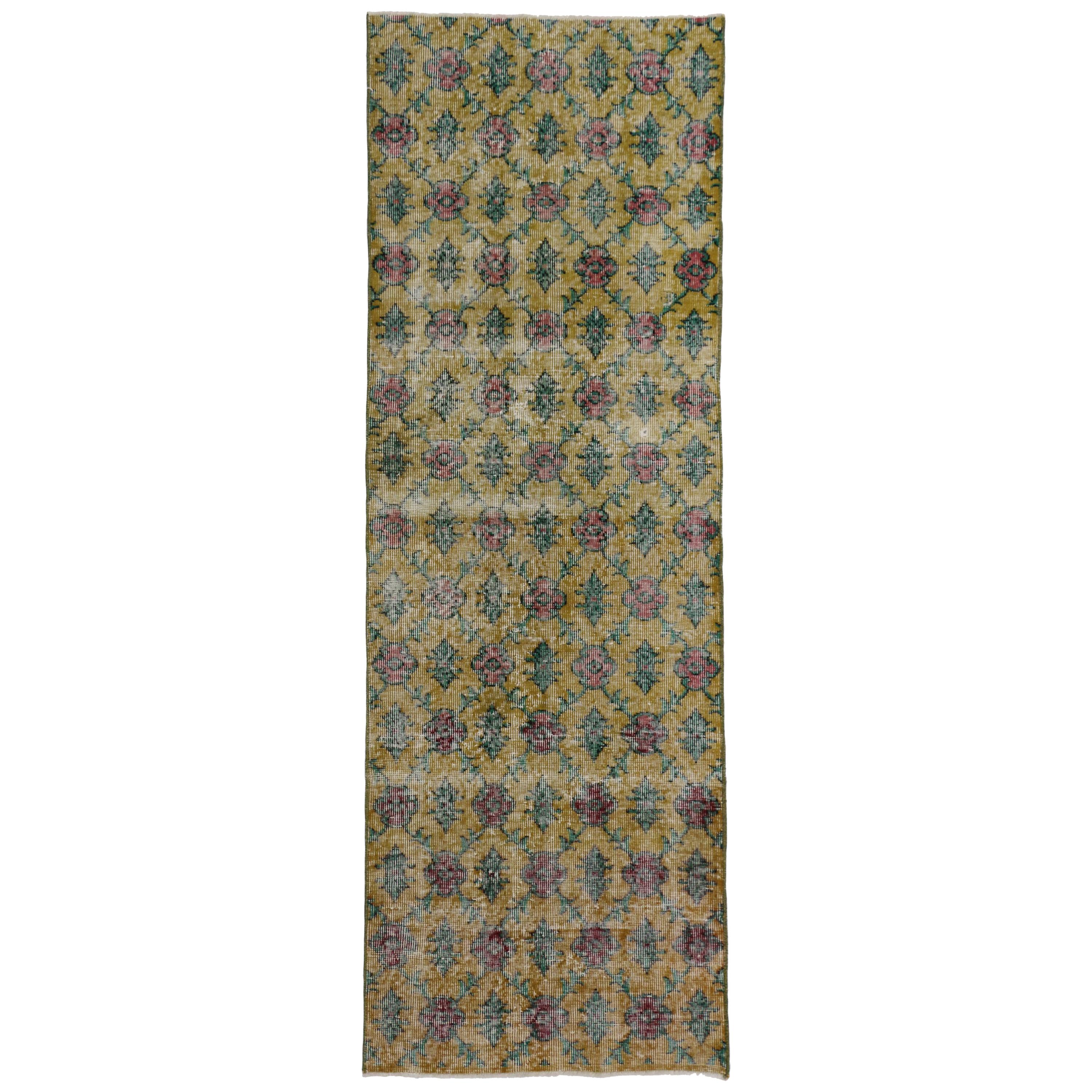Distressed Vintage Turkish Sivas Runner with Rustic French Country Style For Sale