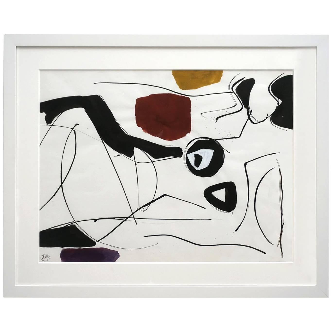 Midcentury Abstract Watercolor in Frame by Jacques Nestle For Sale