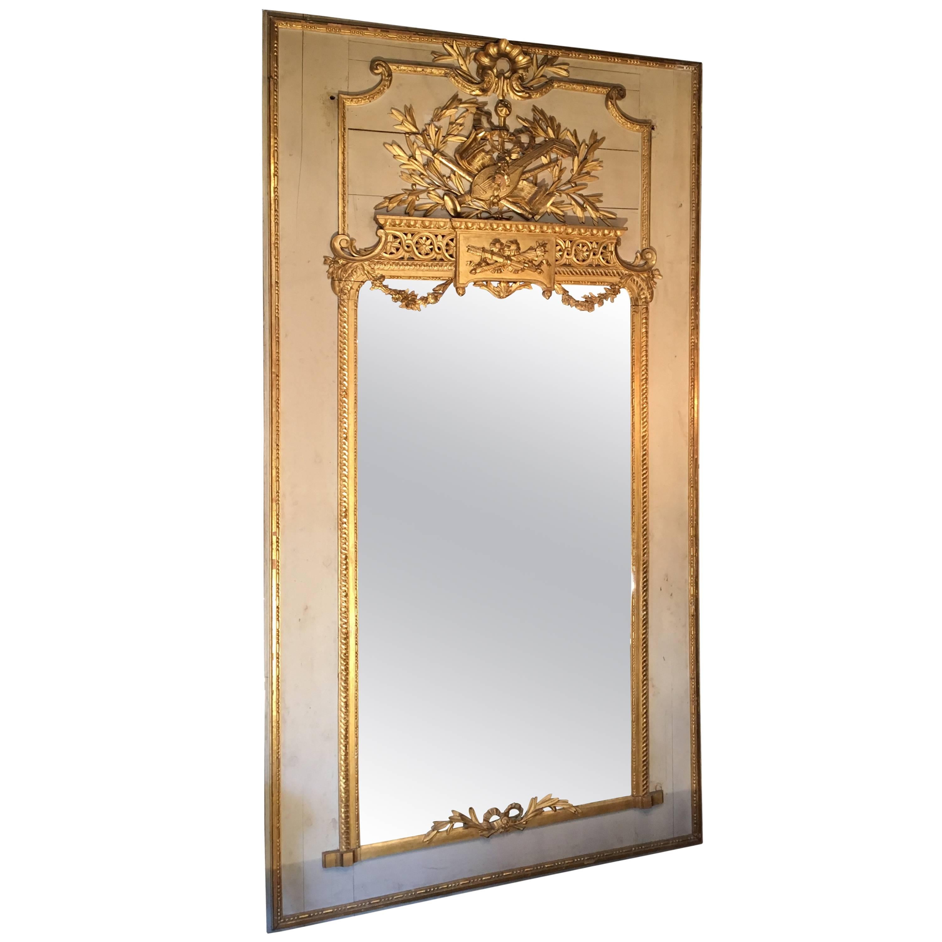 Late 18th Century Louis XVI, Trumeau Carved & Gilded Ancient Mirror, Pierglass For Sale