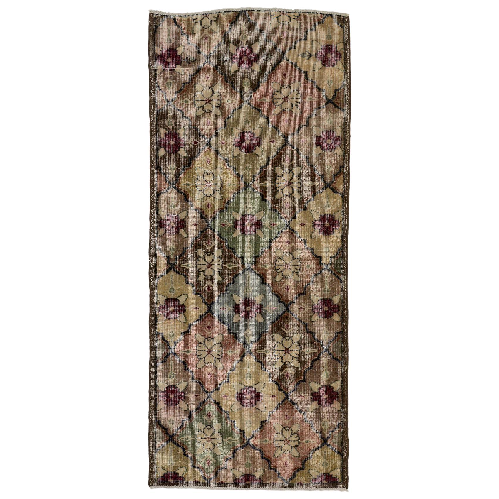 Tapis de couloir Sivas turc vintage vieilli avec style cottage Arts & Crafts