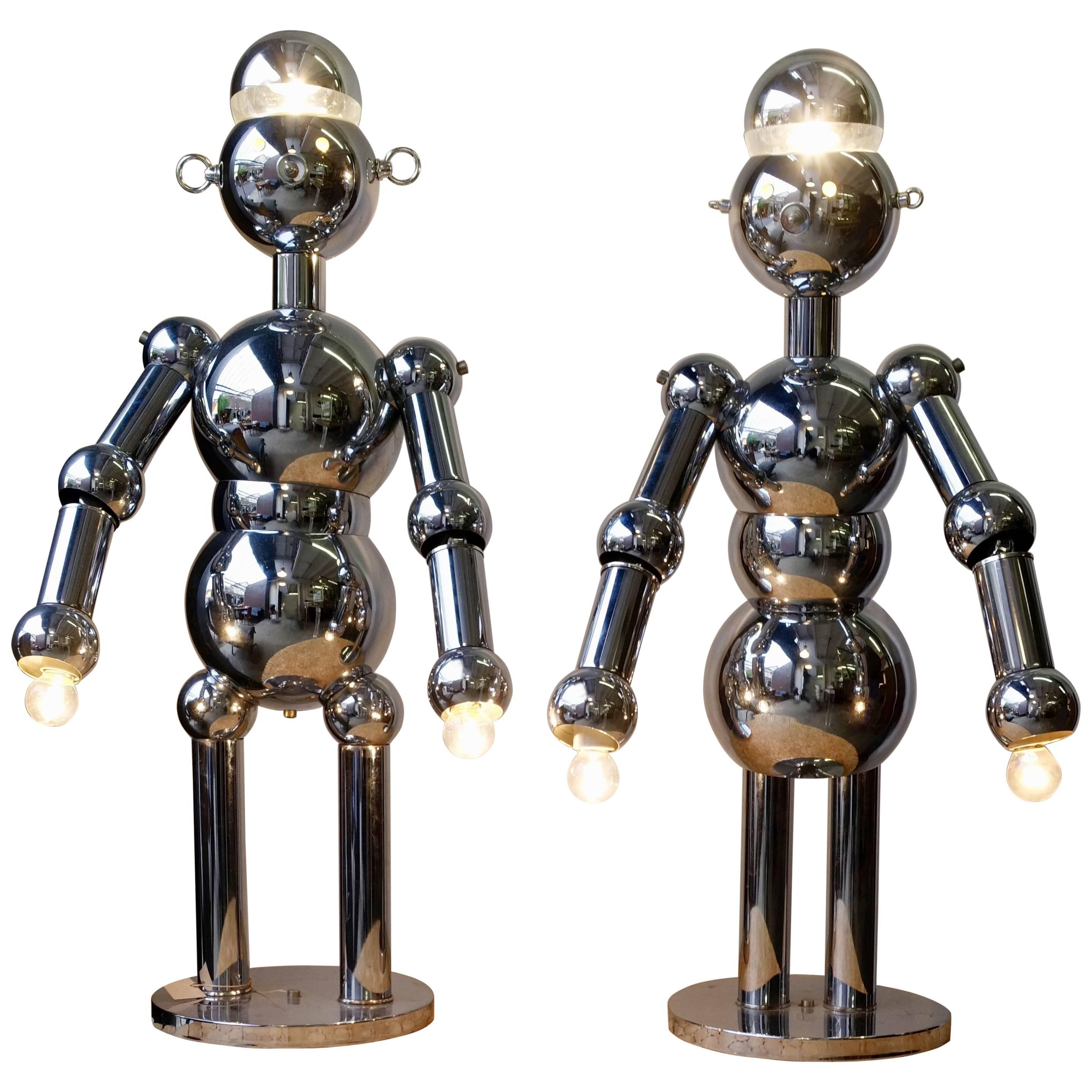 Pair of Lamps, Male and Female Robots, Torino Lamps, Chromed Metal, circa 1980  For Sale