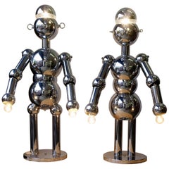 Vintage Pair of Lamps, Male and Female Robots, Torino Lamps, Chromed Metal, circa 1980 