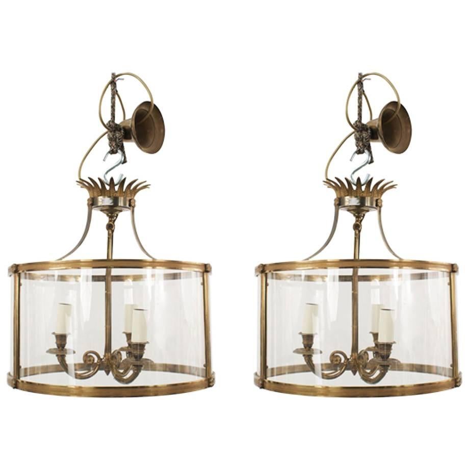 2 French Mid-Century Bagues Bronze and Glass Hanging Lanterns