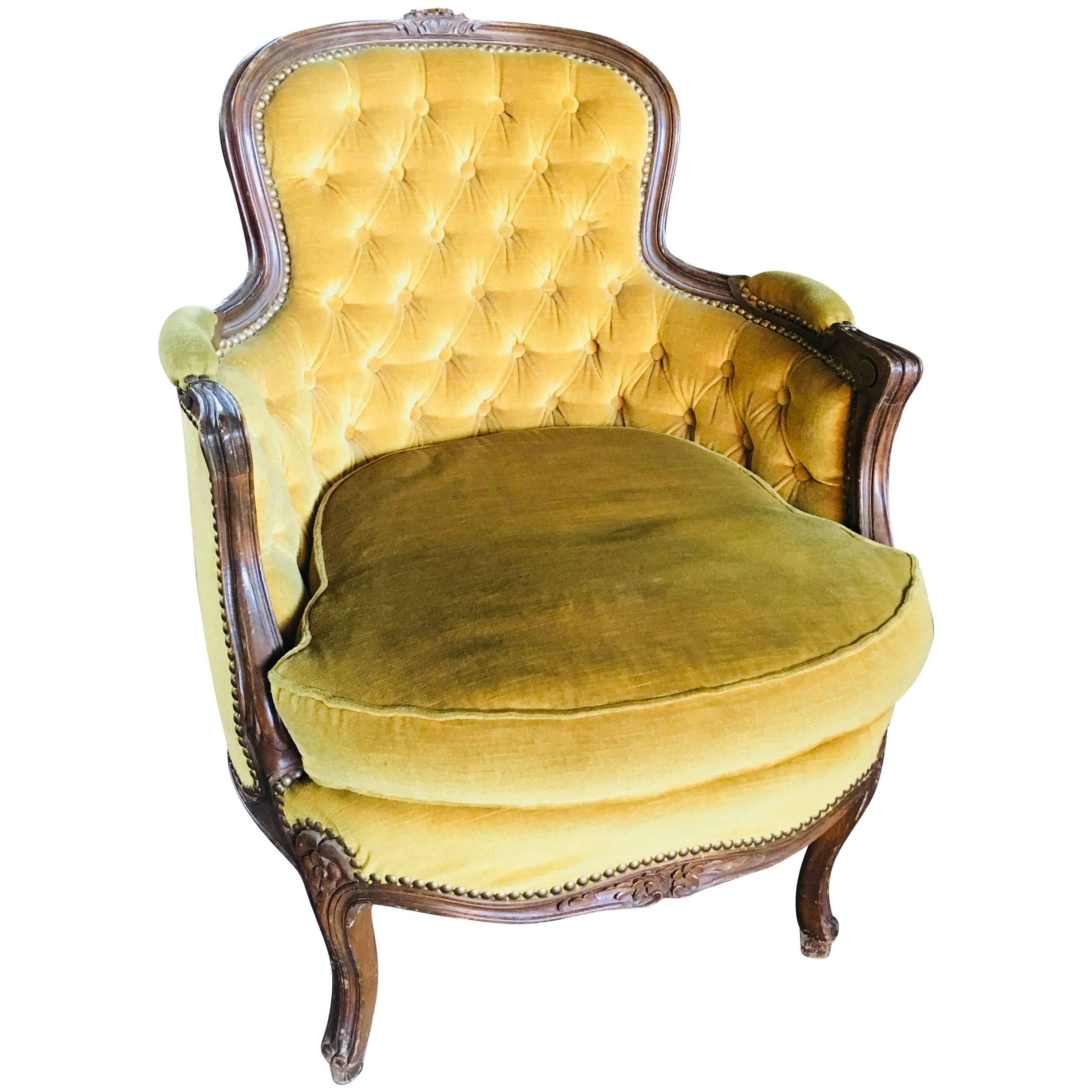 19th Century French Carved Louis XVI Bergere in Yellow Velvet Upholstery For Sale