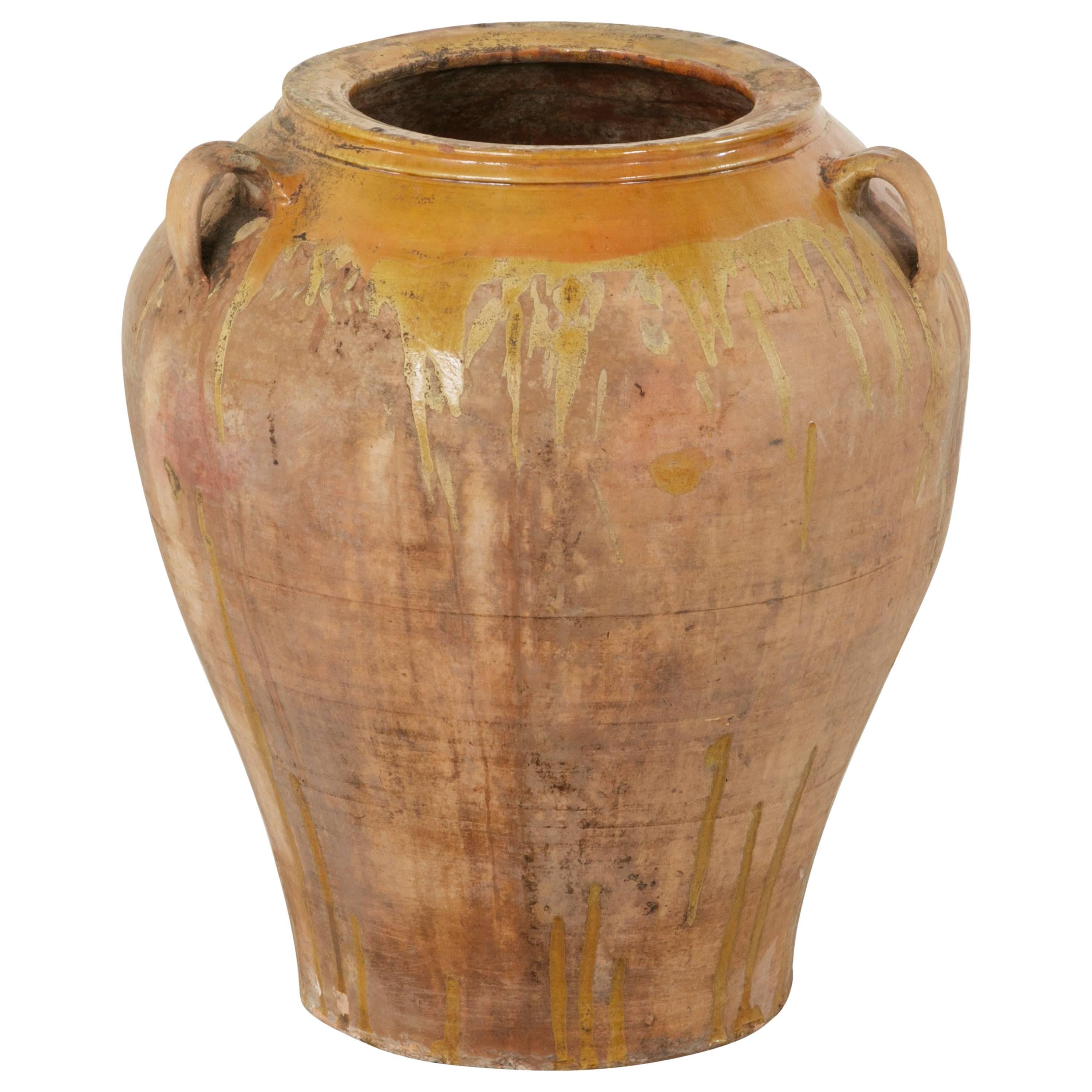 Large 19th Century Spanish Catalan Terracotta Olive Jar or Urn with Yellow Glaze