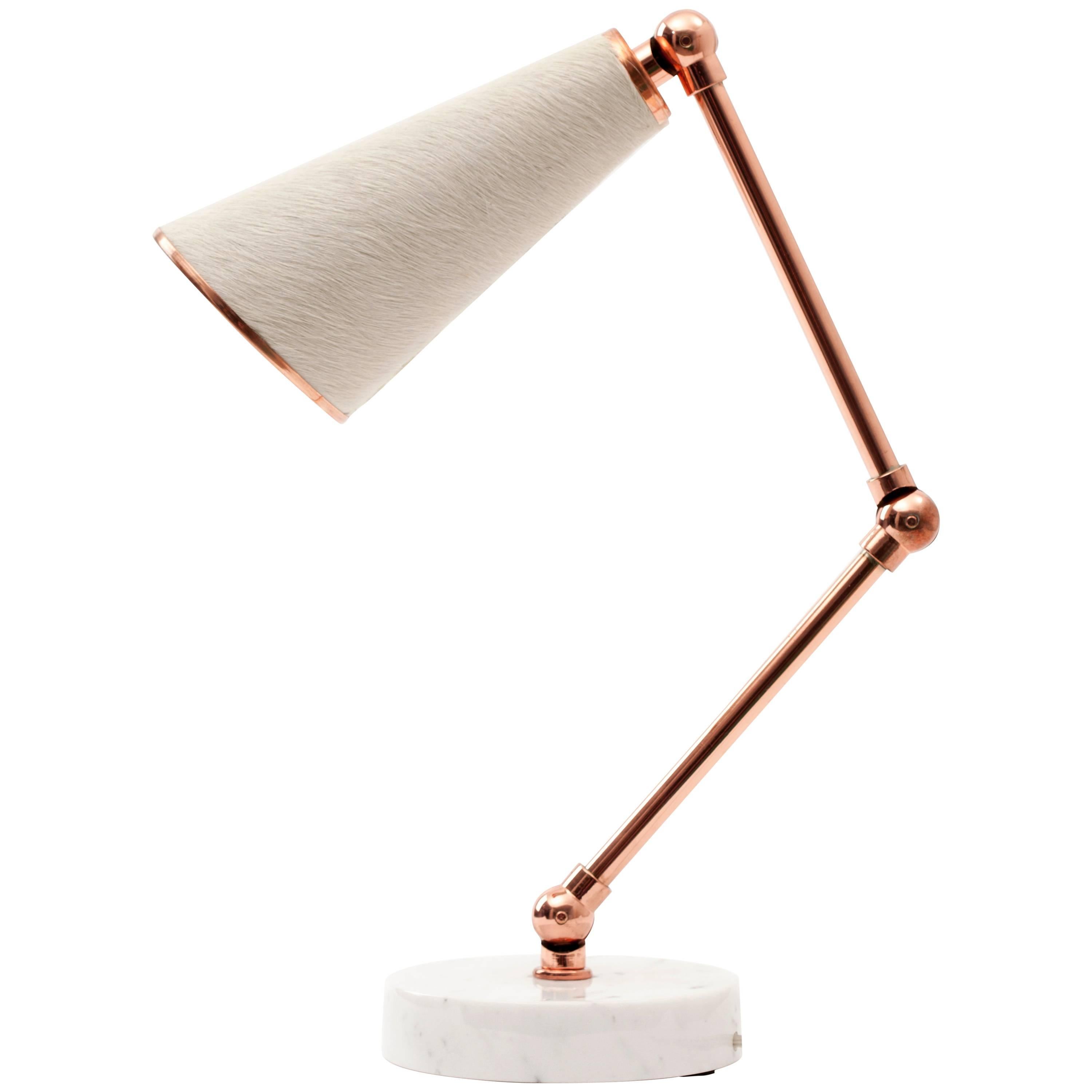 Lanterna Table Lamp in Carrara Marble, Cowhide and Copper with Adjustable Arms  For Sale