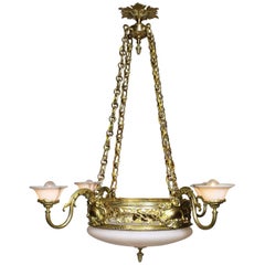 Antique French Neoclassical Style Gilt Bronze, Alabaster and Opaline Glass Chandelier 