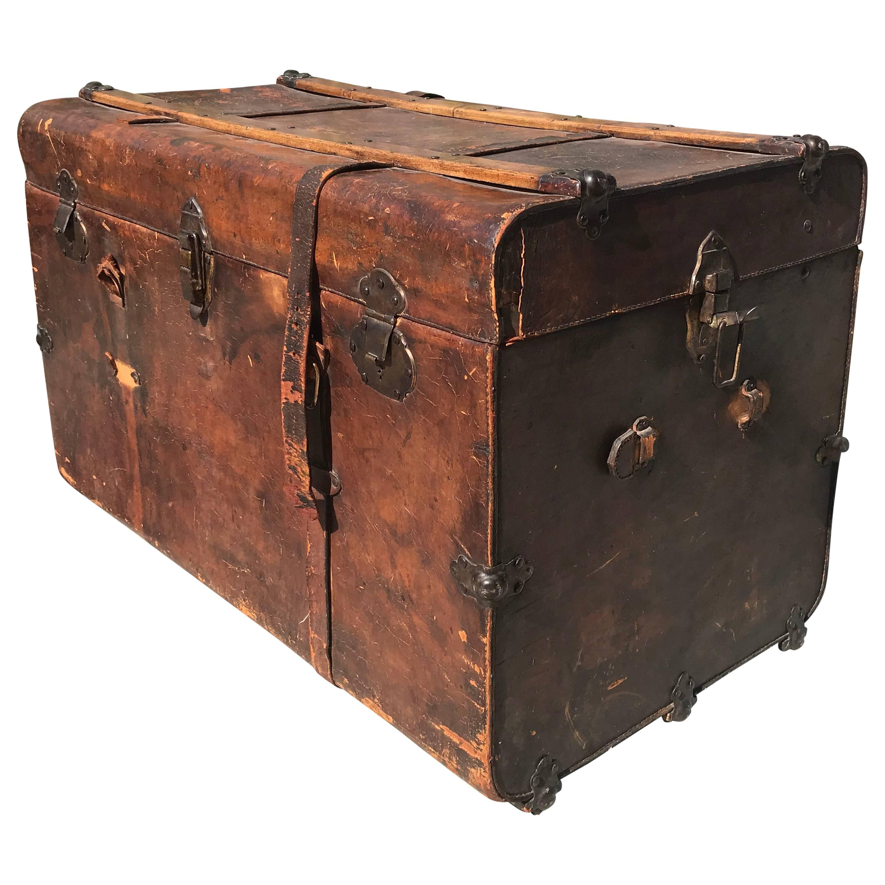 Antique Leather and Wood Trunk, circa 1890 For Sale at 1stDibs