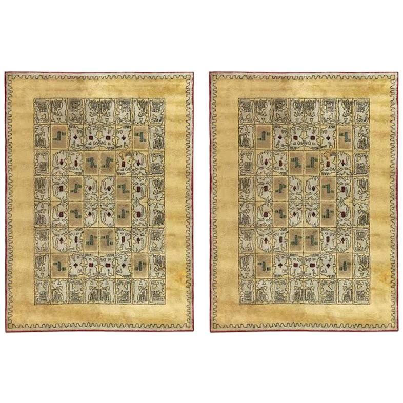 Paule Leleu, Paar Teppiche mit von Azteken inspirierten Motiven, Frankreich, 1957