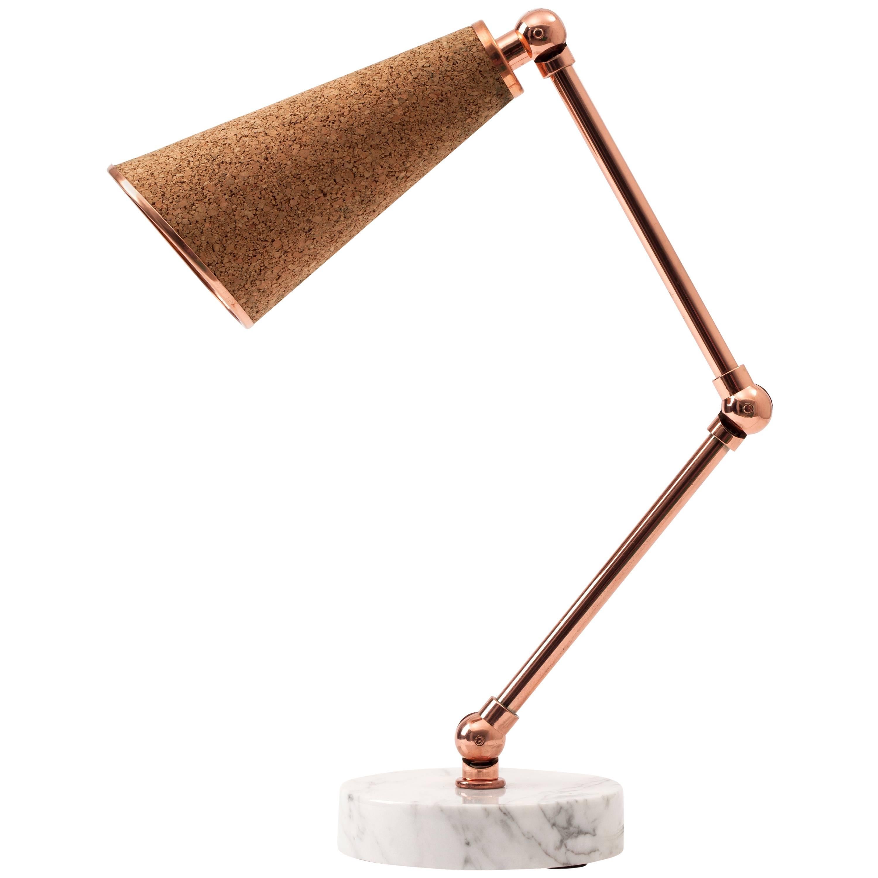 Lanterna Table Lamp in Carrara Marble, Cork and Copper with Adjustable Arms  For Sale