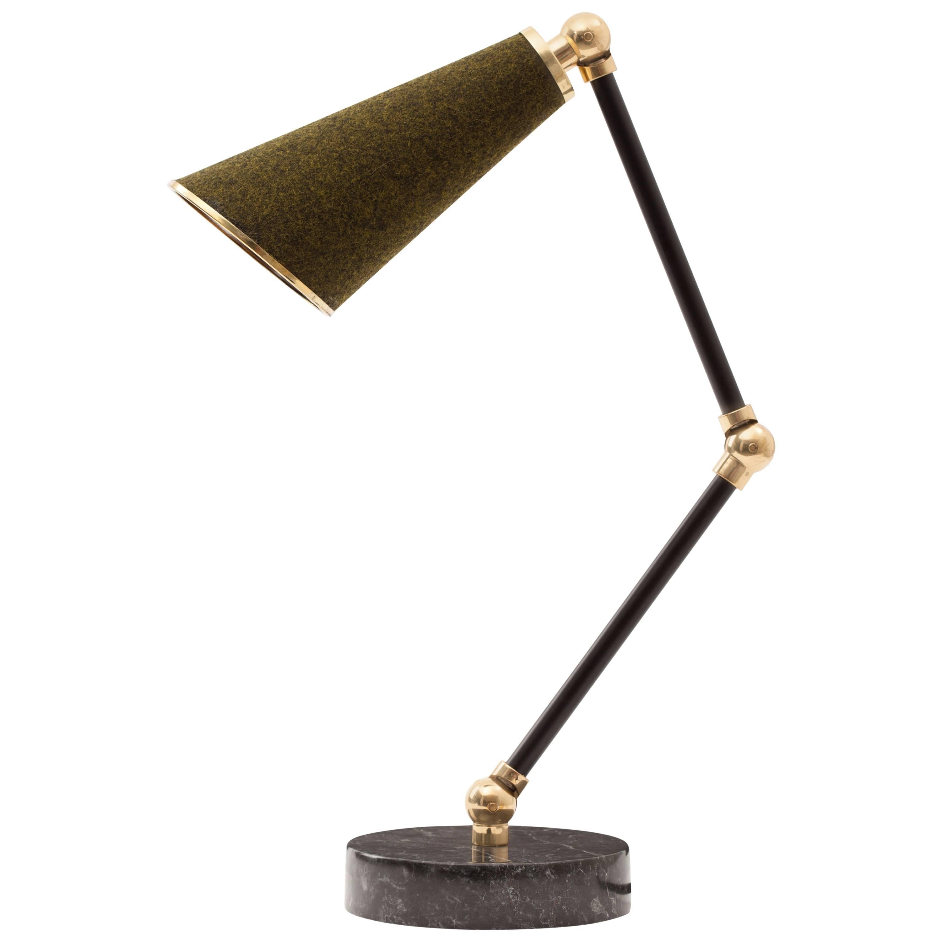 Lanterna Table Lamp in Black Marble, Felt and Leather Clad Brass Adjustable Arms For Sale
