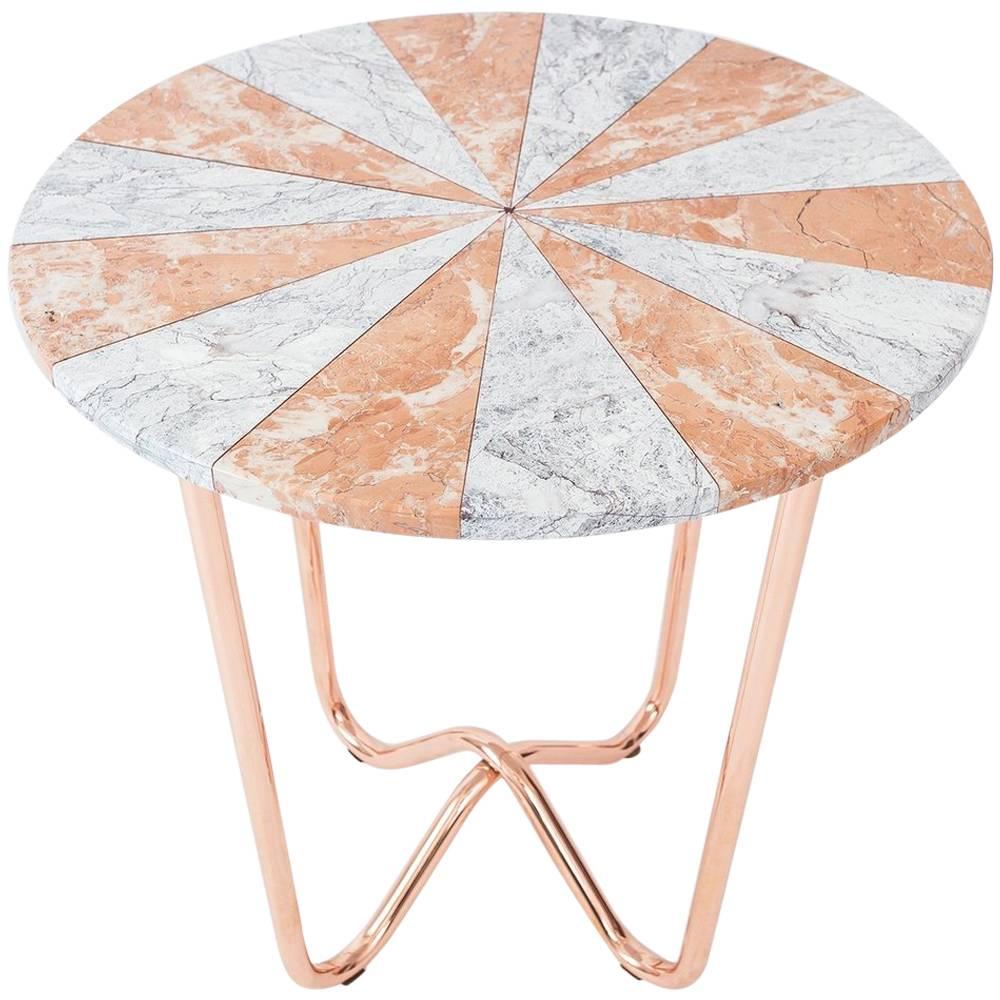 Jasmine Pizza Side Table End Table in Pink Marble and White Marble, Copper Base For Sale