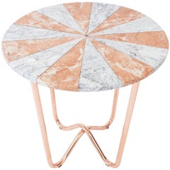 Jasmine Pizza Side Table End Table in Pink Marble and White Marble, Copper Base