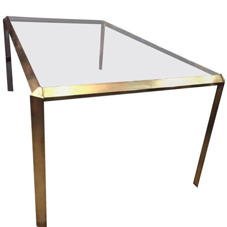 Mid-Century Modern Sculptural Brass Dining Table with Tinted Glass