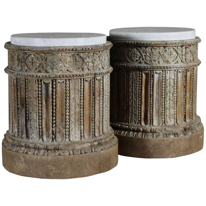 18th Century Pair of English Table Pedestals with Marble Tops 