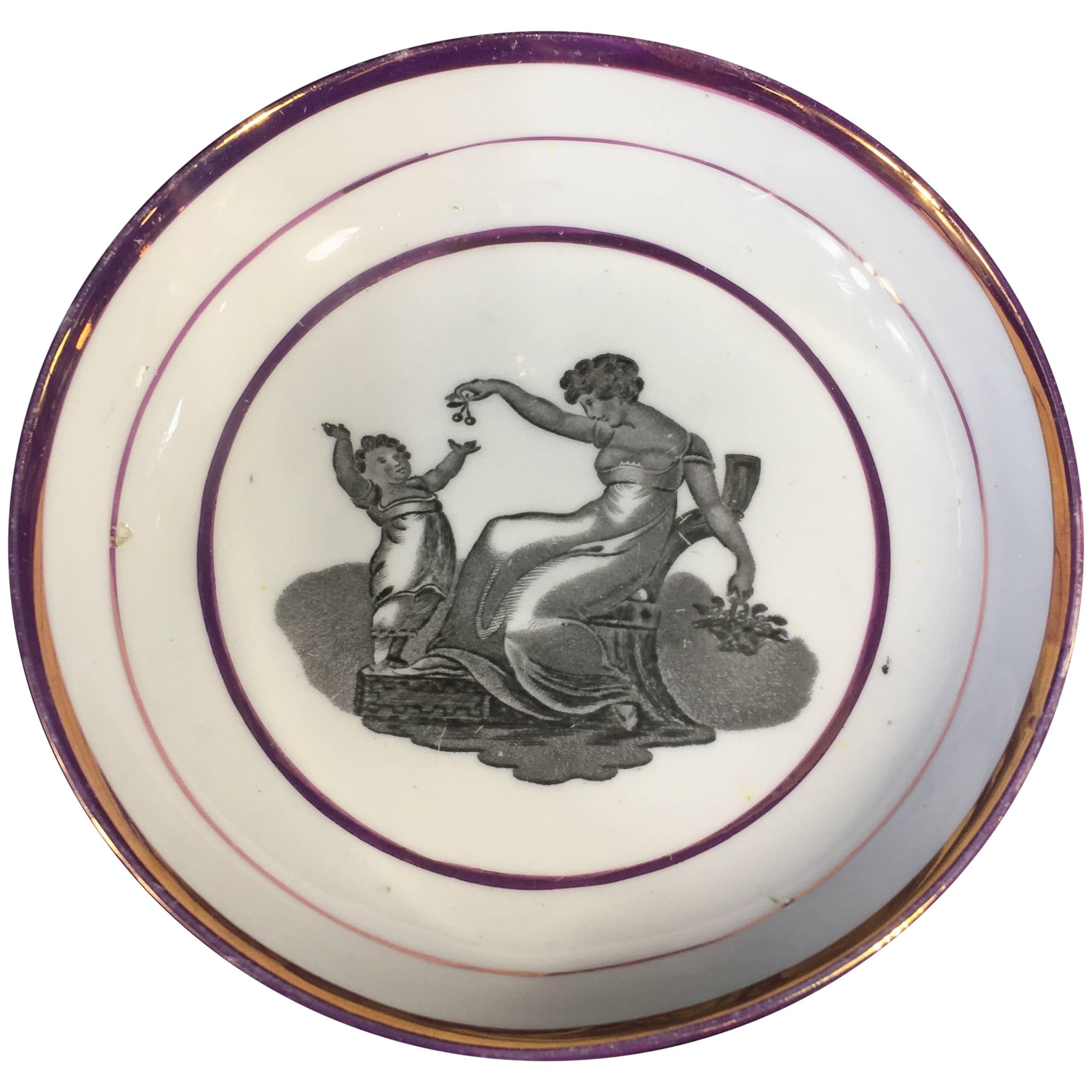 Thomas Wolfe & Co Cup and Saucer, Bucks Print in Purple Lustre Border For Sale