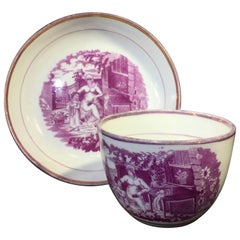 Antique Purple Lustre Cup and Saucer with Purple Print, circa 1820