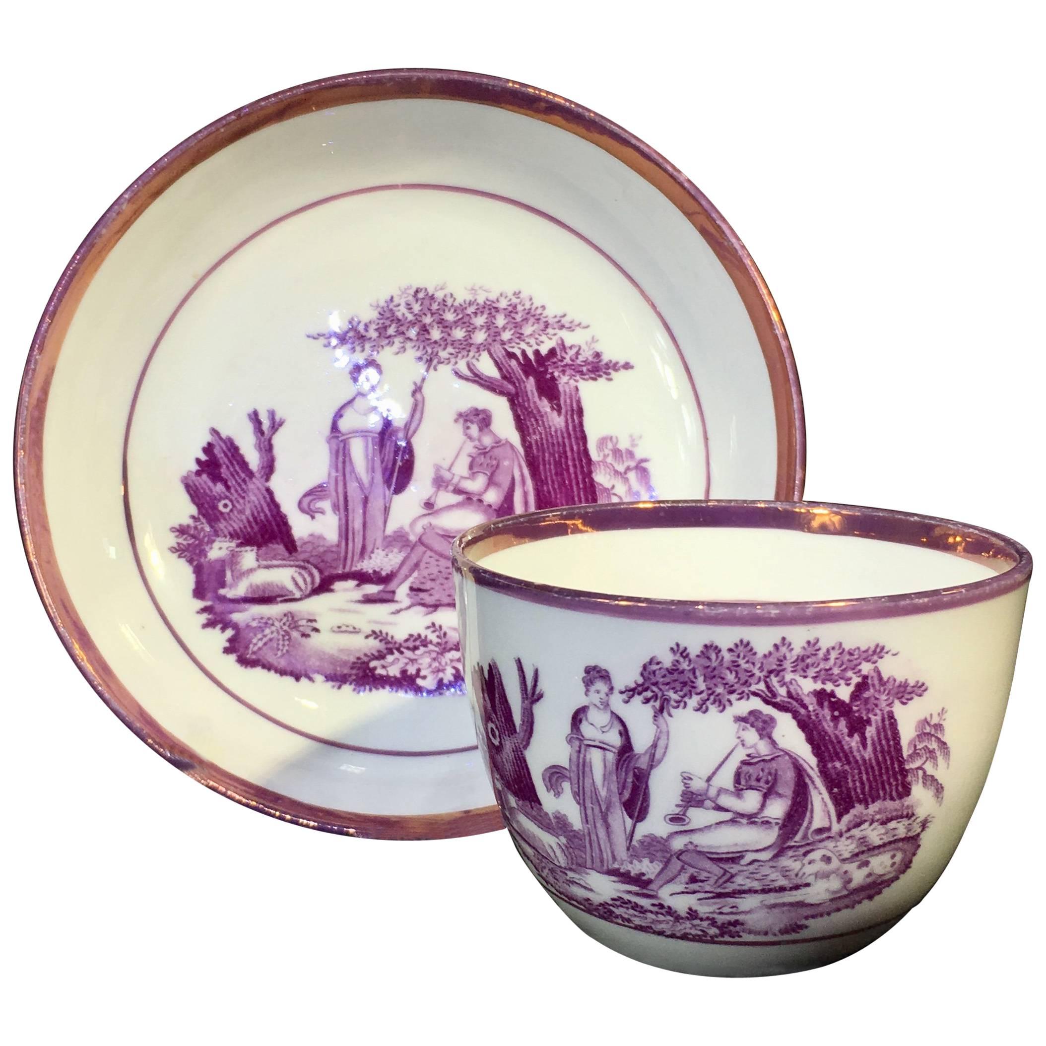 Thomas Wolfe & Co Cup and Saucer, Shepherdess in Purple Bat Print, circa 1815 For Sale