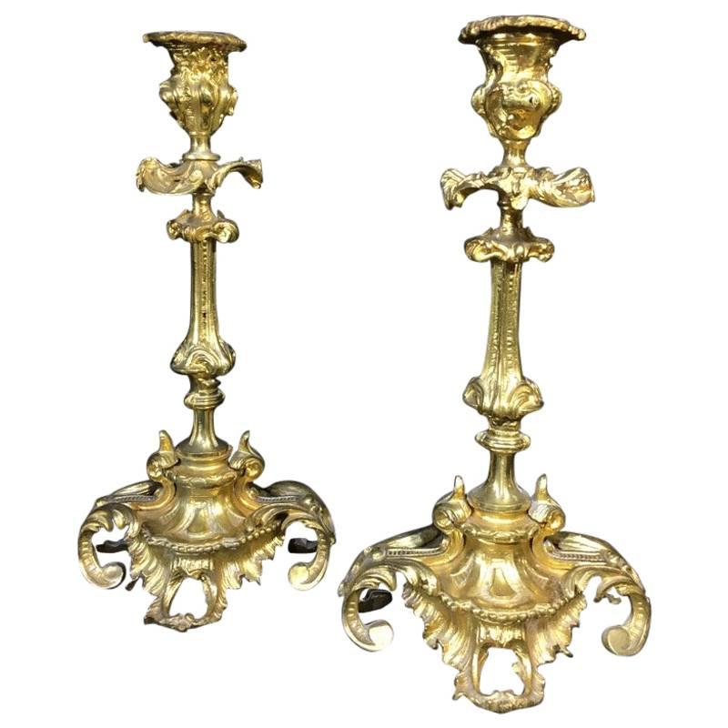 Pair of Rococo Style Ormolu Candlesticks, circa 1880 For Sale