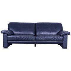 Ewald Schillig Designer Three-Seater Sofa Blue Leather Couch