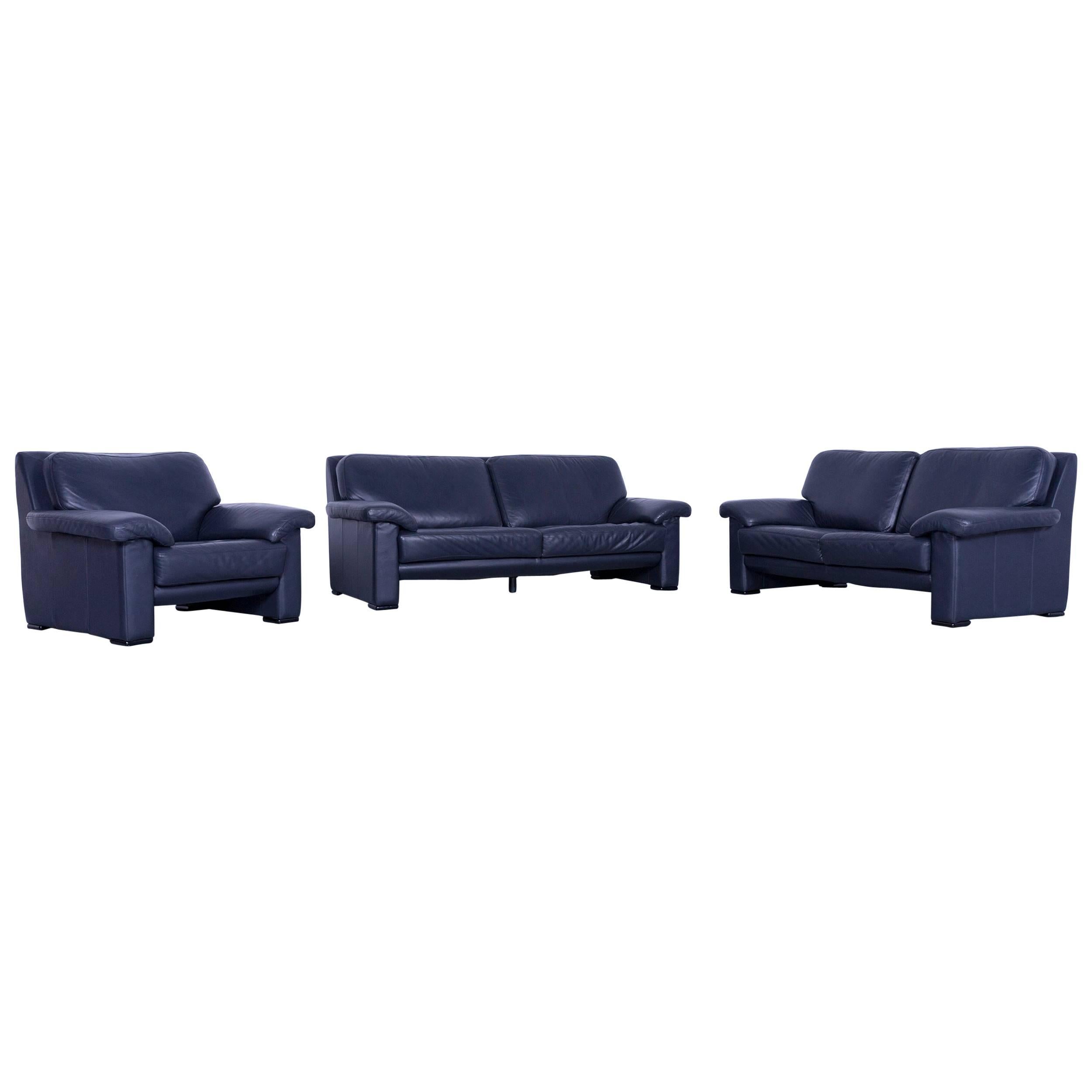 Ewald Schillig Designer Sofa Set Blue Leather Couch
