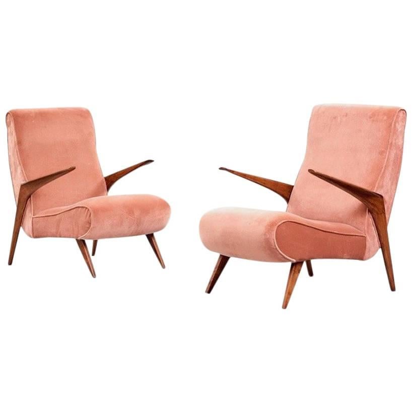 Pair of Scandinavian Modern Style Pink Velvet Upholstered Armchairs