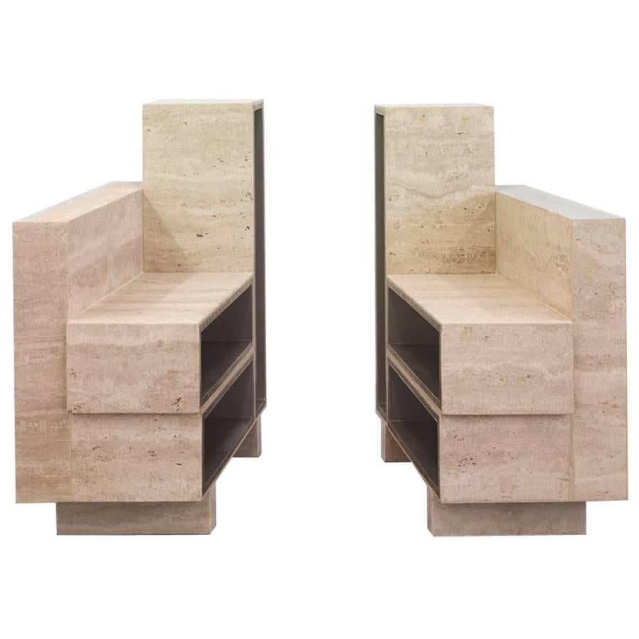 BDC Side Table in Travertine and Alucore, Left or Right For Sale