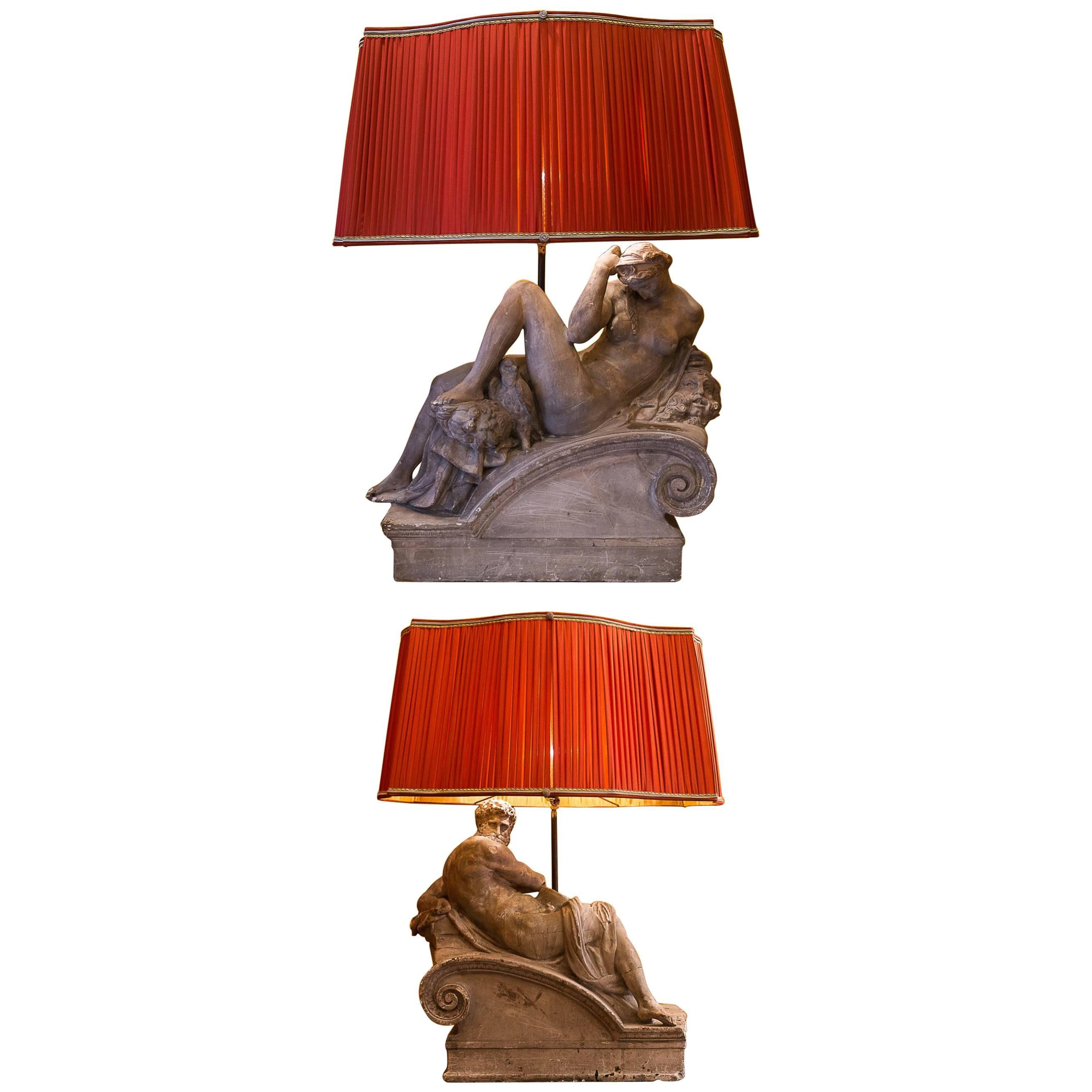 Pair of Plaster Group Lamps in the Manner of Michel-Angelo The Night and The Day