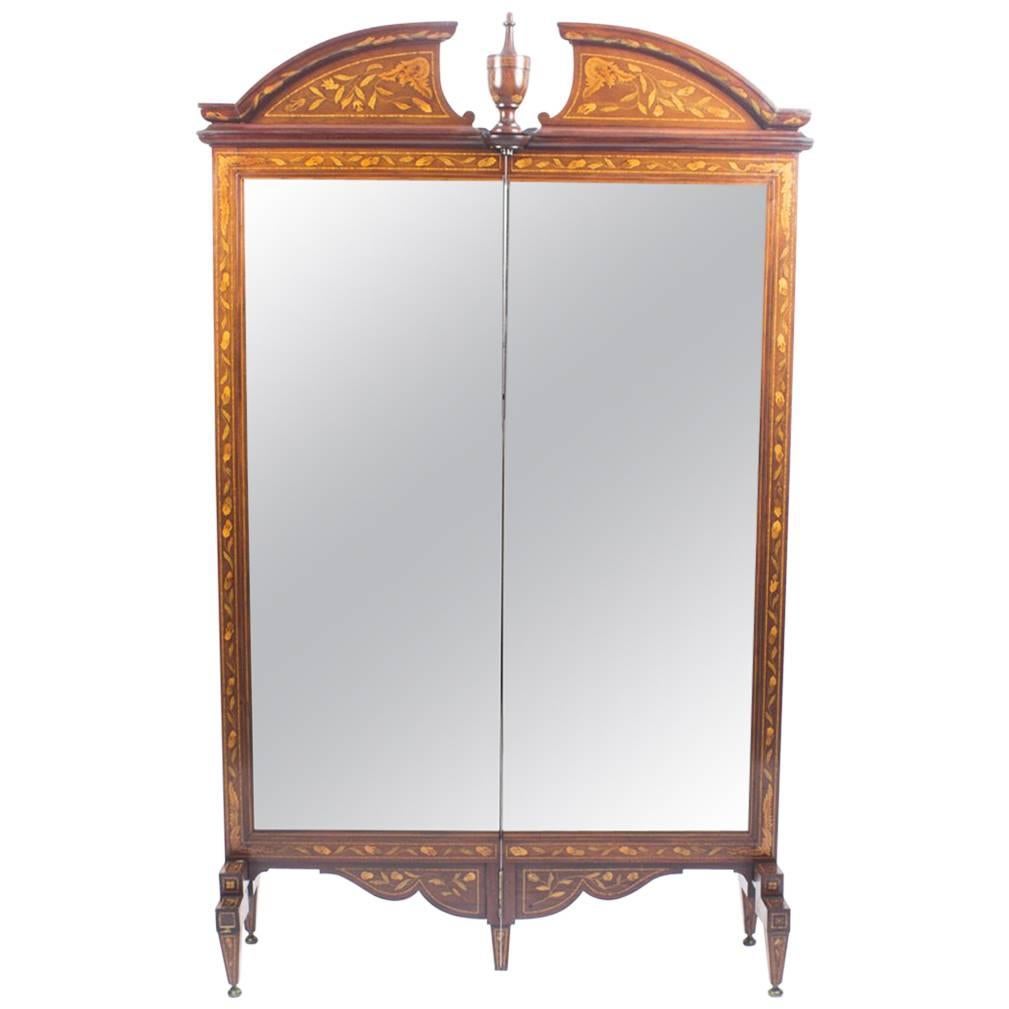 Antique Walnut Marquetry Mirror Screen / Cheval Mirror, 19th Century