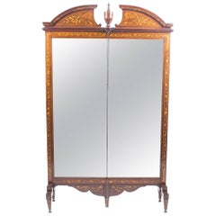 Miroir écran / miroir chevalier ancien en marqueterie de noyer:: 19ème siècle