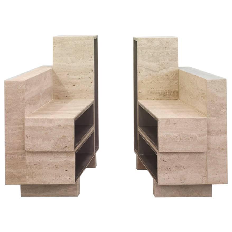 BDC Pair of Side Tables in Travertine and Alucore For Sale