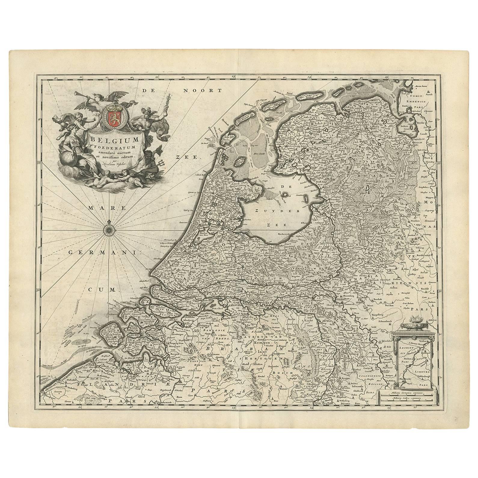 Antique Map of The Netherlands and Belgium by N. Visscher, circa 1680