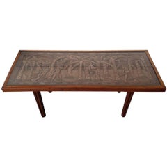 Vintage African Teak Coffee or Sofa Table with Carved Top