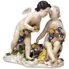 Antique Meissen Rococo Cherubs Cupids Figurines with Flowers Model 2372 Kaendler 1755-60