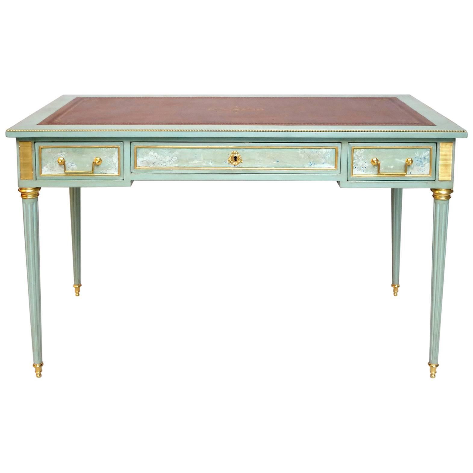 Louis XVI Style Flat Desk Lacquered in Celadon, Decor of Landscapes, circa 1950