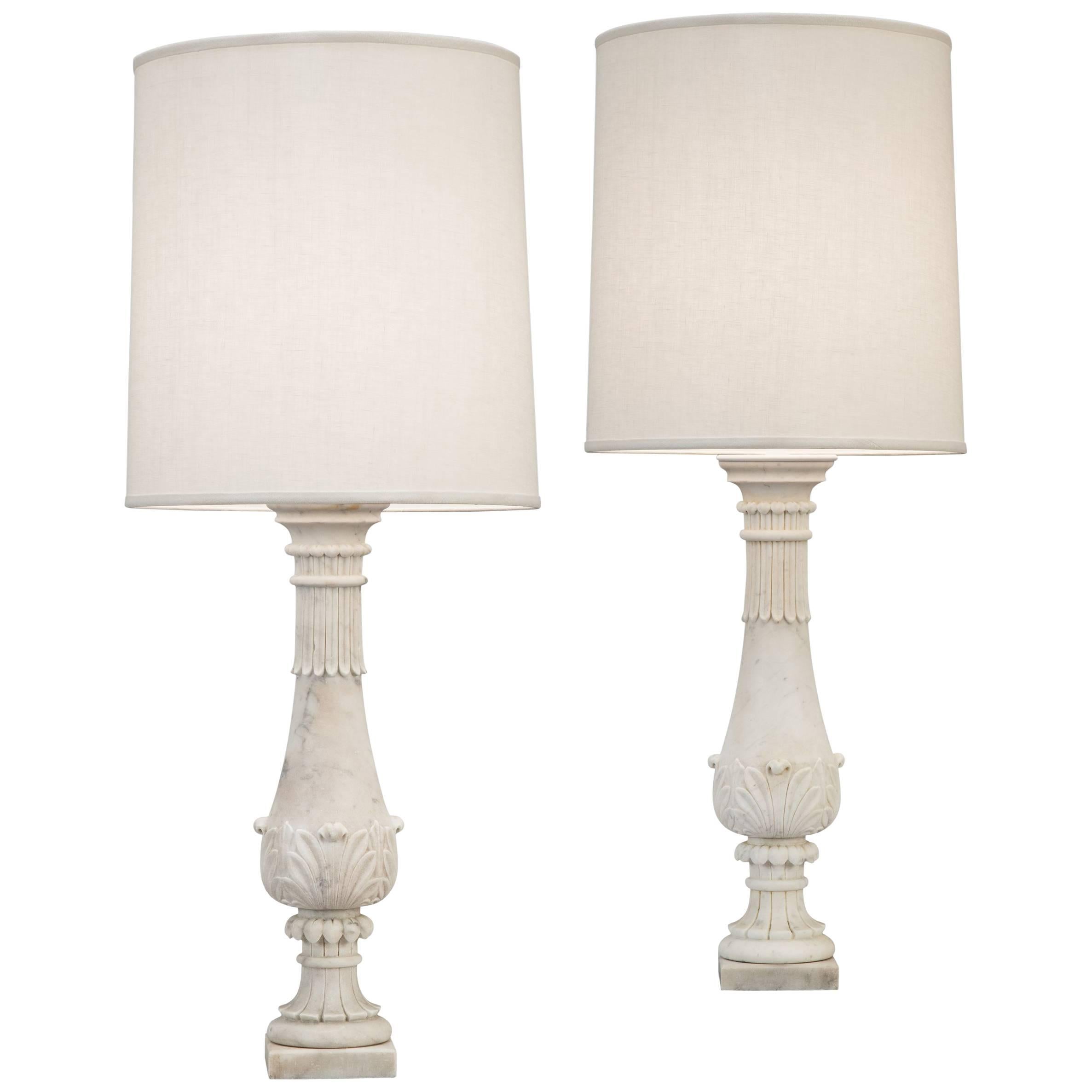 Pair of Carved Marble Baluster Lamps For Sale